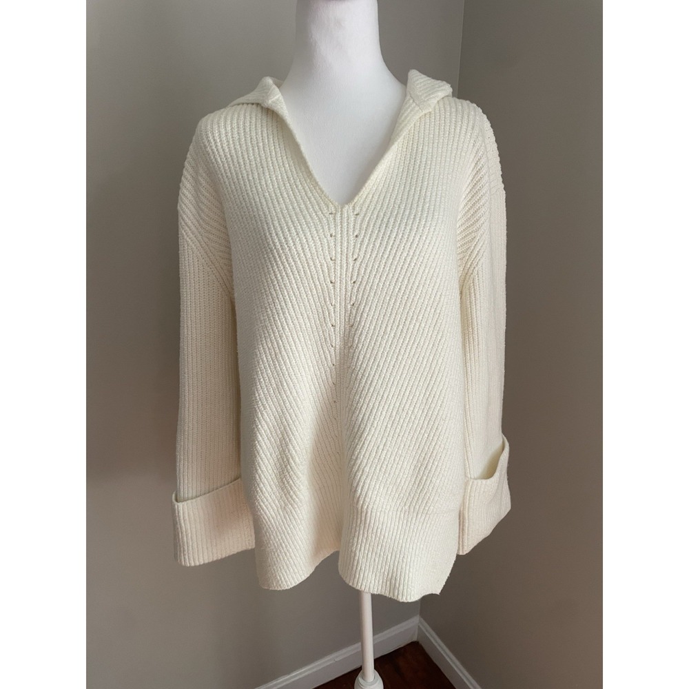 Anthopologie Women S Cream Sweater‎ Hooded V Neck Roll Cuff Oversized Cozy Thick